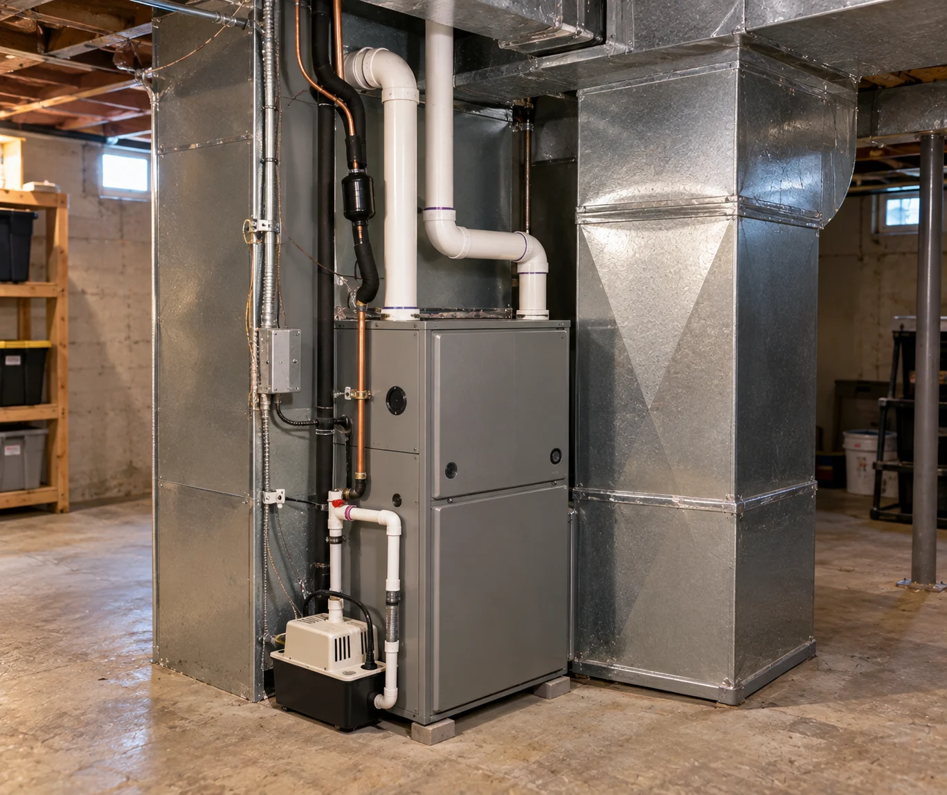 High-efficiency furnace and ductwork installed in a Long Island basement