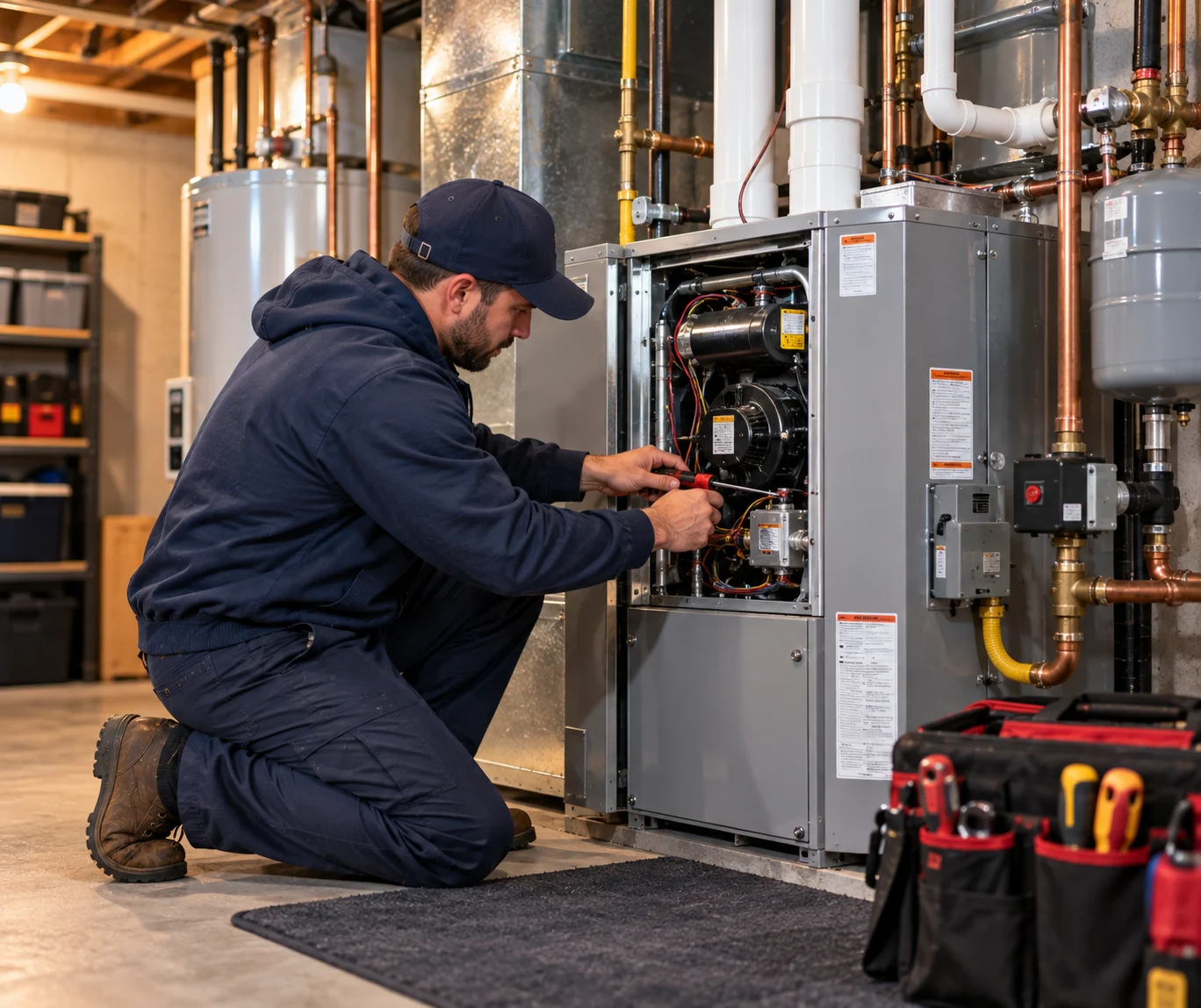 Technician servicing a furnace and boiler system in a Suffolk County, NY basement