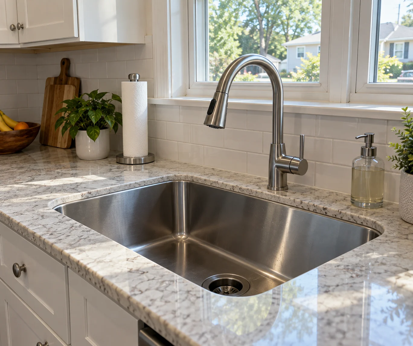 Stainless kitchen sink and pull-down faucet installed in a Babylon, NY kitchen