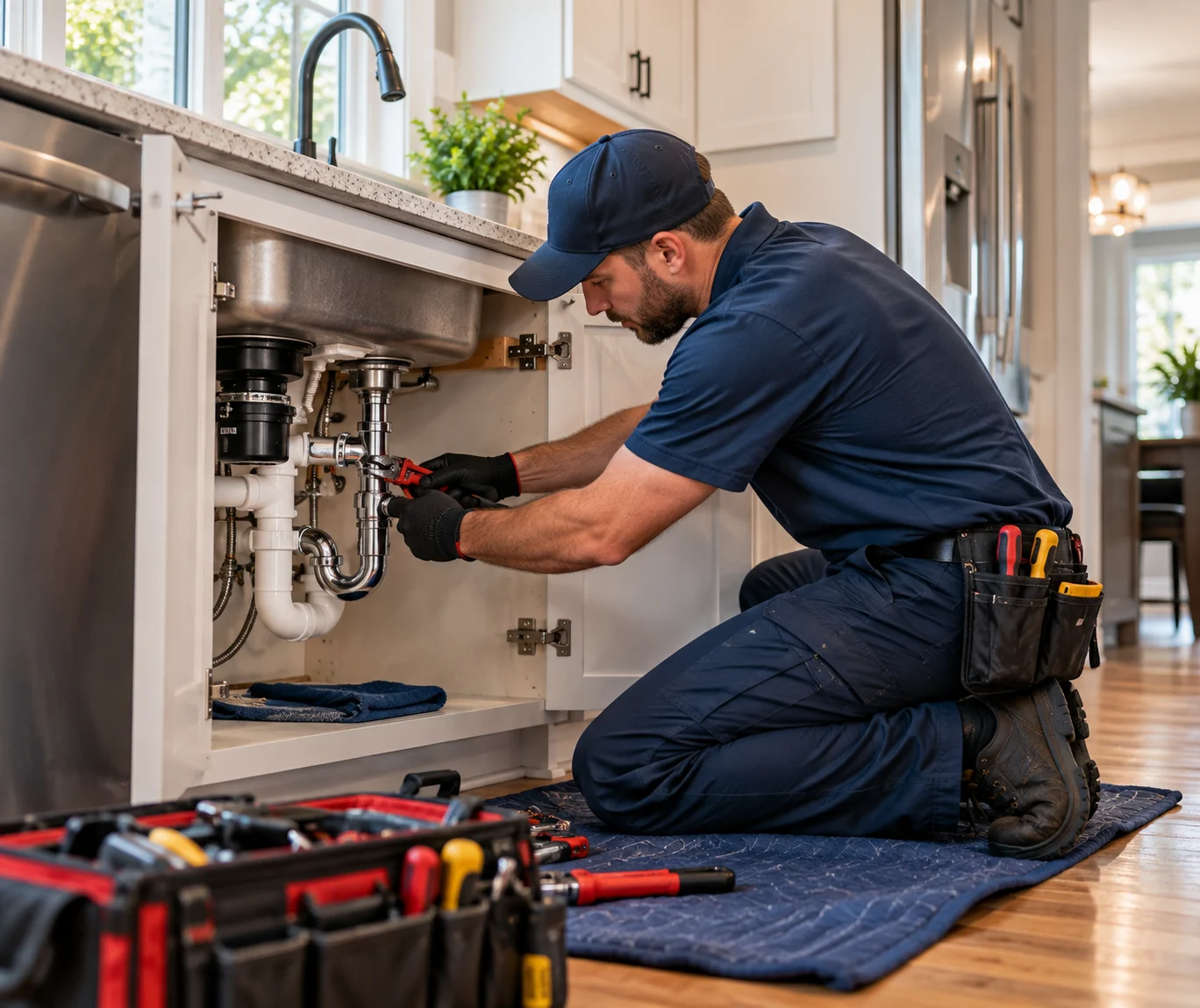 Plumber repairing a kitchen sink drain and P-trap in a Babylon, NY home