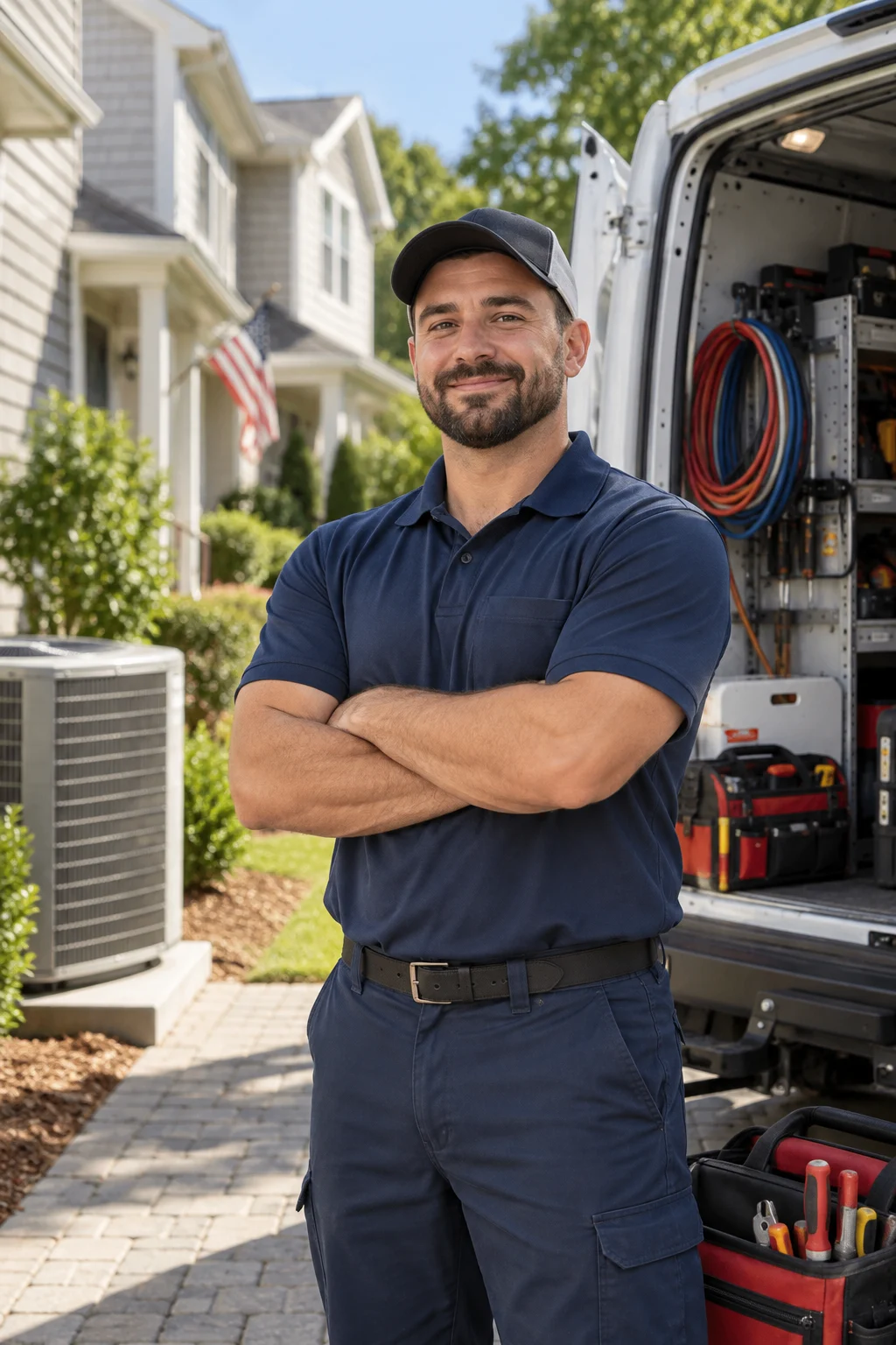 South Bay Plumbing, Heating & AC technician in front of a stocked service van in Babylon, NY